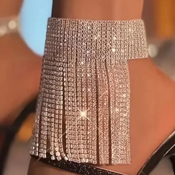 1pc Bling Glitter Rhinestone Anklet Silver Tassel Fashion Crystal Anklet - Picture 2 of 6